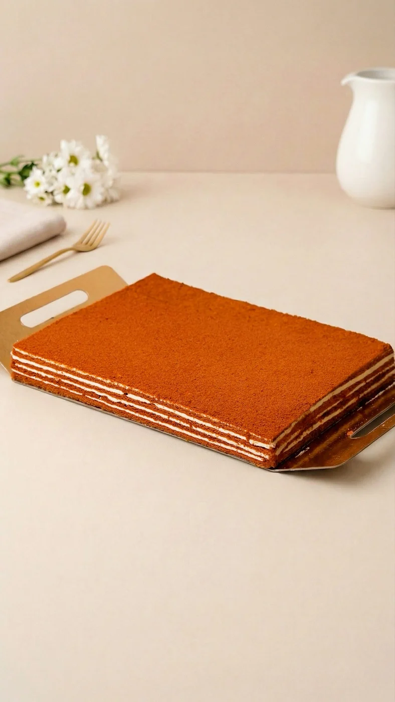 Honey cake. Flat rectangular layered cake with a smooth orange-brown top and thin alternating pale and brown layers along the edges.