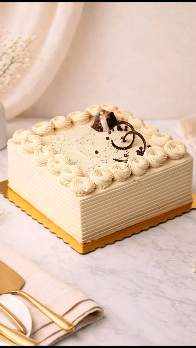 Hazelnut cake. Square pale cream-colored cake with horizontally ridged sides, a piped top border, and dark curled decorations.