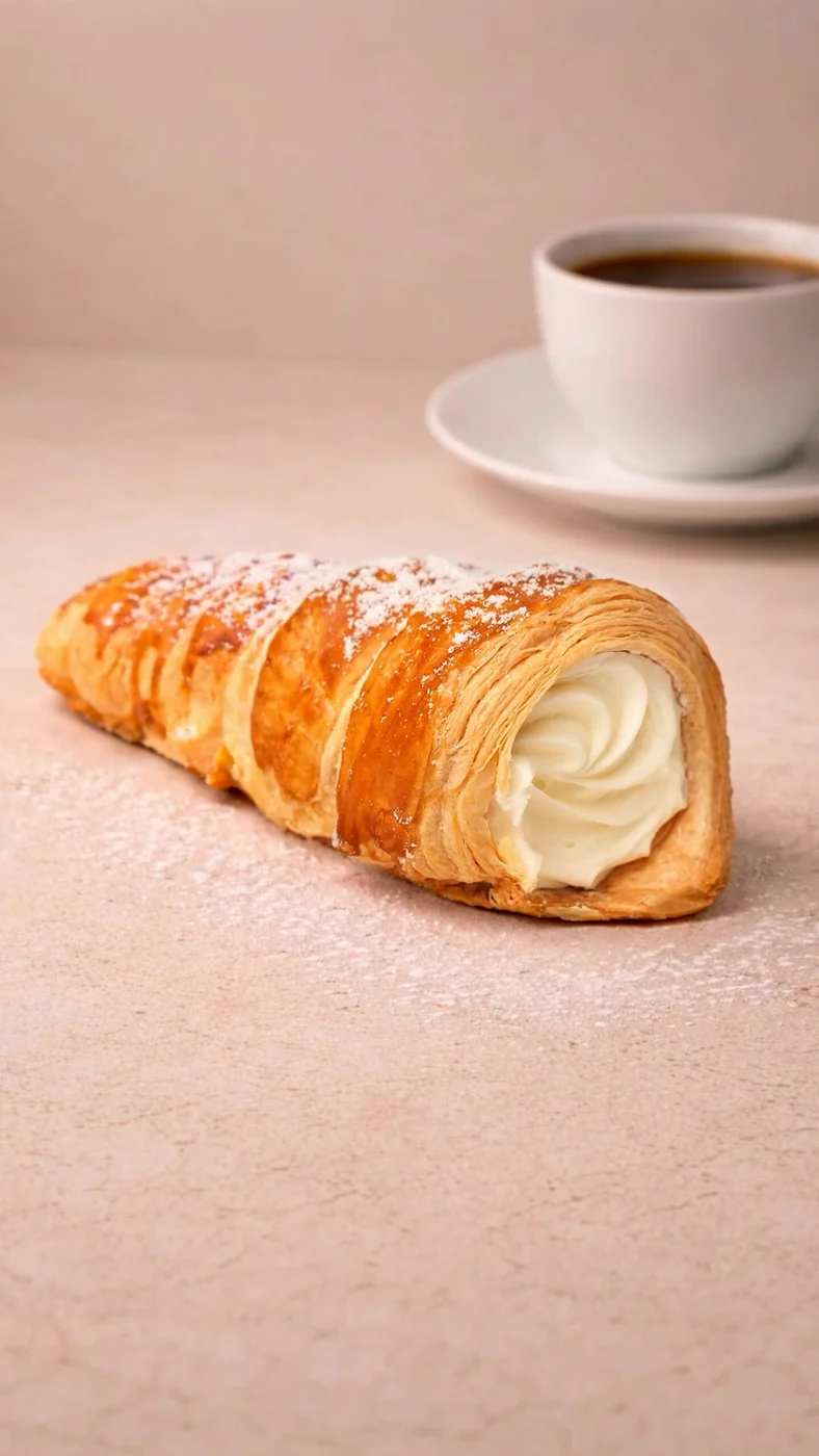 Vanilla cone. Golden cone-shaped spiral pastry with a pale piped filling visible at its wide open end.