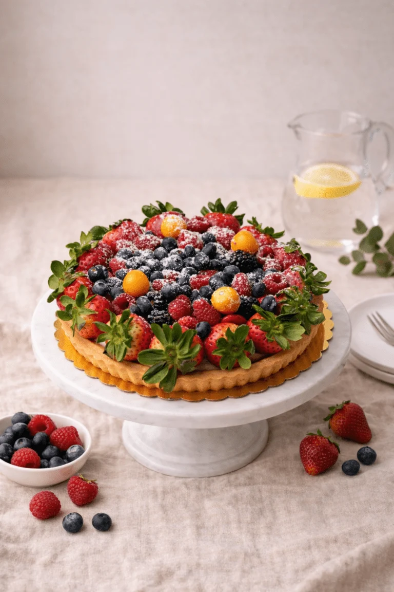 Fruit Tart cake. Round shallow tart with a fluted golden edge, densely covered with strawberries, blueberries, raspberries, blackberries, and green garnish.