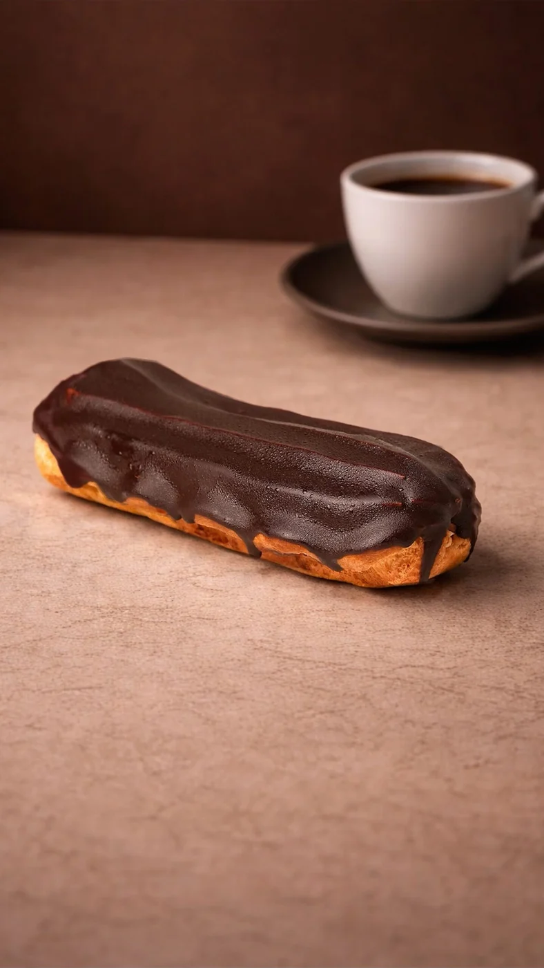Chocolate eclair. Long golden éclair with a glossy dark brown coating spread across its gently ridged top.