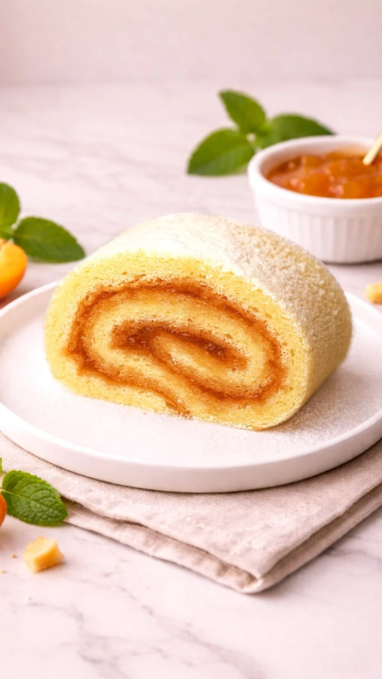 Rulette apricot slice. Thick pale yellow rolled cake slice with an orange spiral center and a light white dusting over the outside.