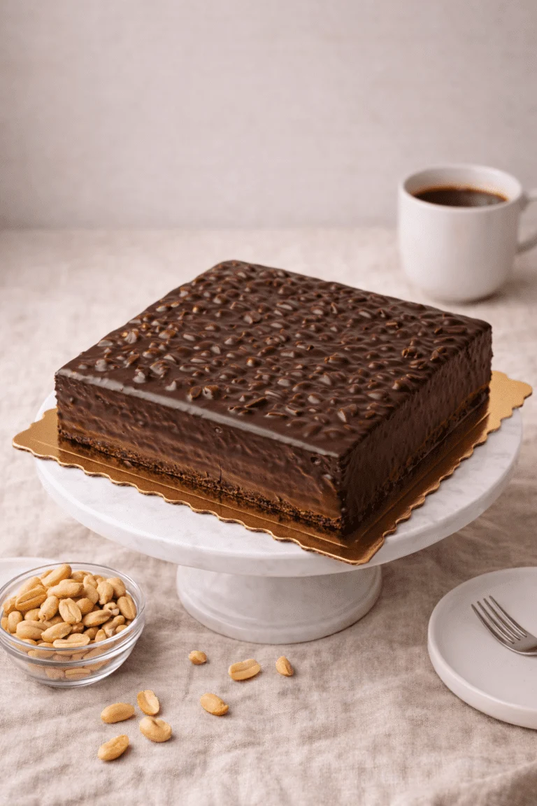 Snickers cake. Square dark brown layered cake with a glossy textured top and visible horizontal layers around the sides.