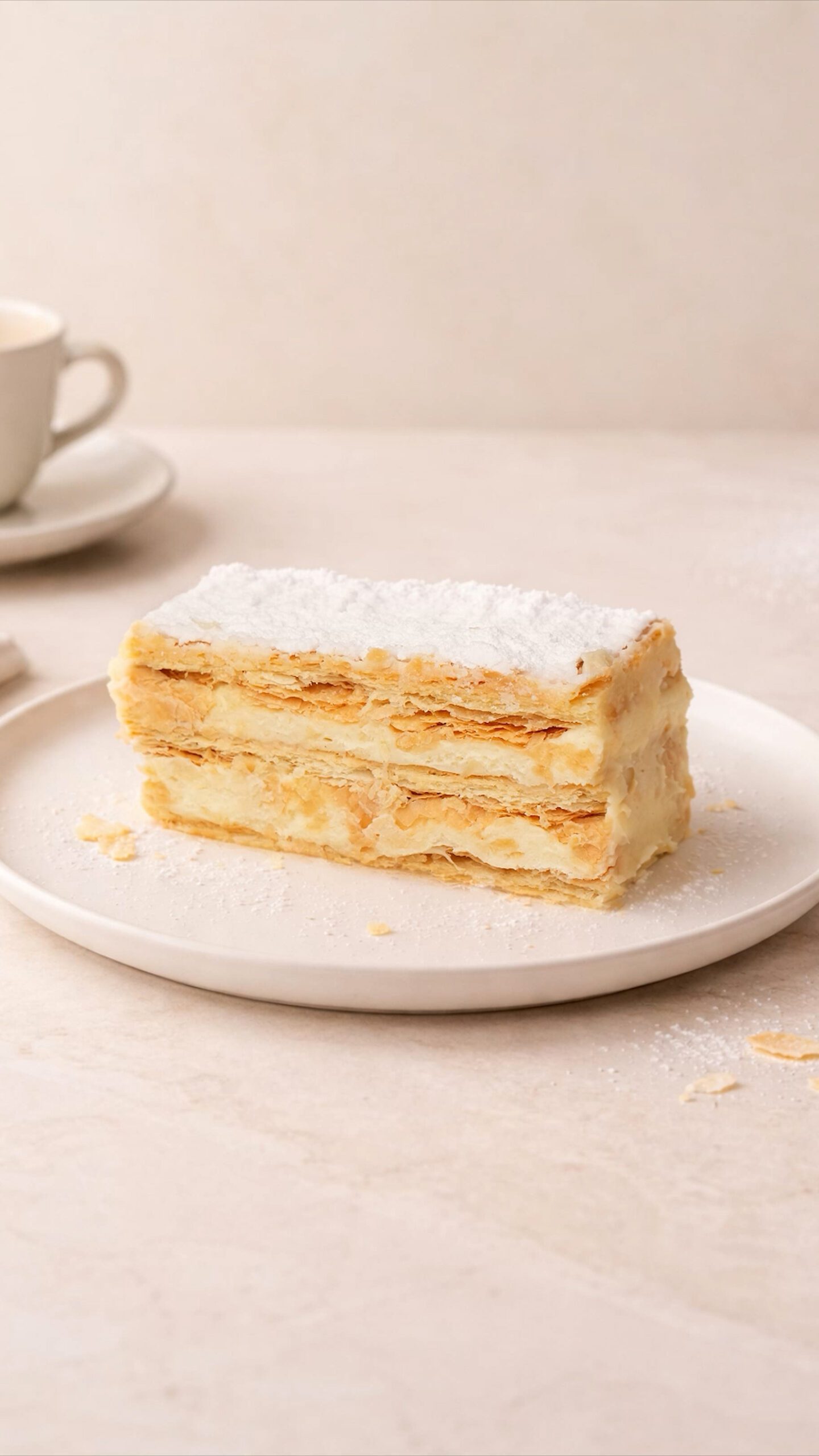 French napoleon. Rectangular pastry slice with several pale flaky layers and a thick dusting of white powder on top.