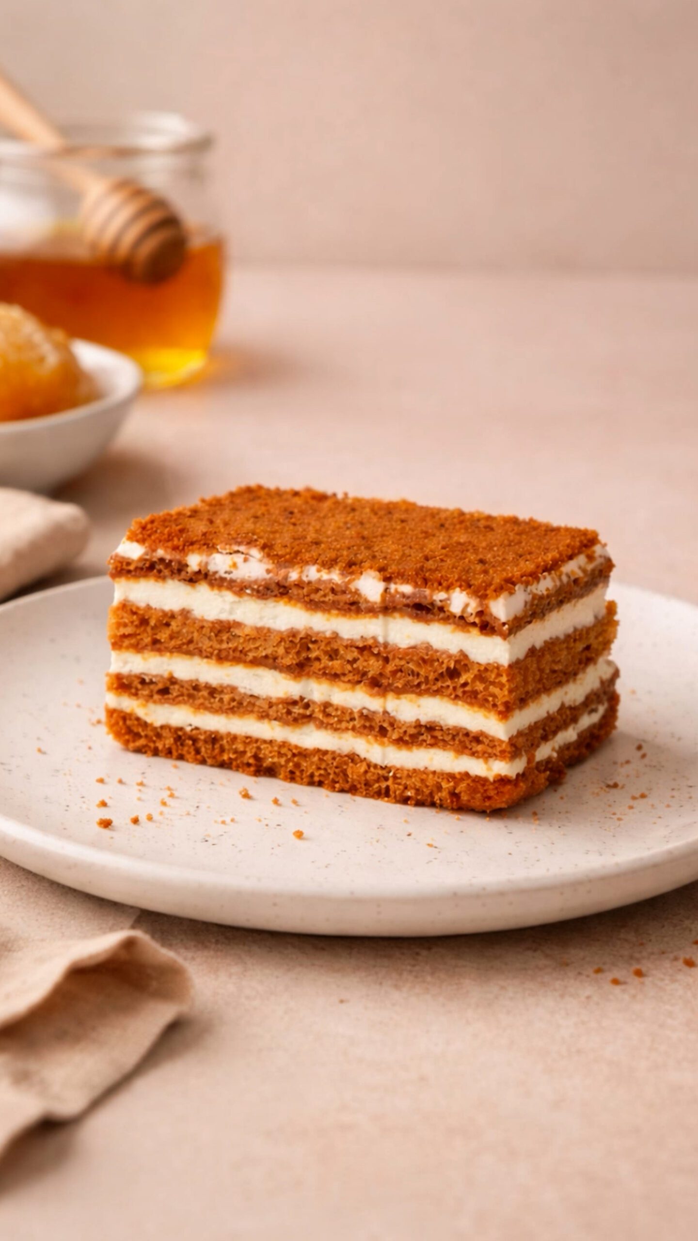 Honey slice. Rectangular brown cake slice with alternating white filling layers and a fine textured brown topping.