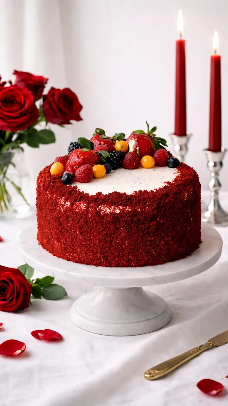 Red Velvet. Round cake with textured deep red sides, a white top, and a central cluster of mixed berries.