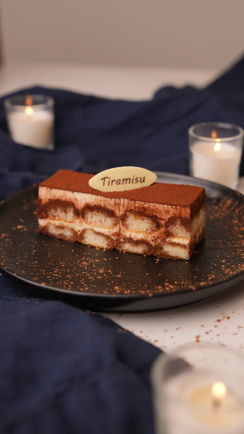 Tiramisu slice. Rectangular brown-topped dessert slice with alternating pale and brown layers and a small Tiramisu label on top.
