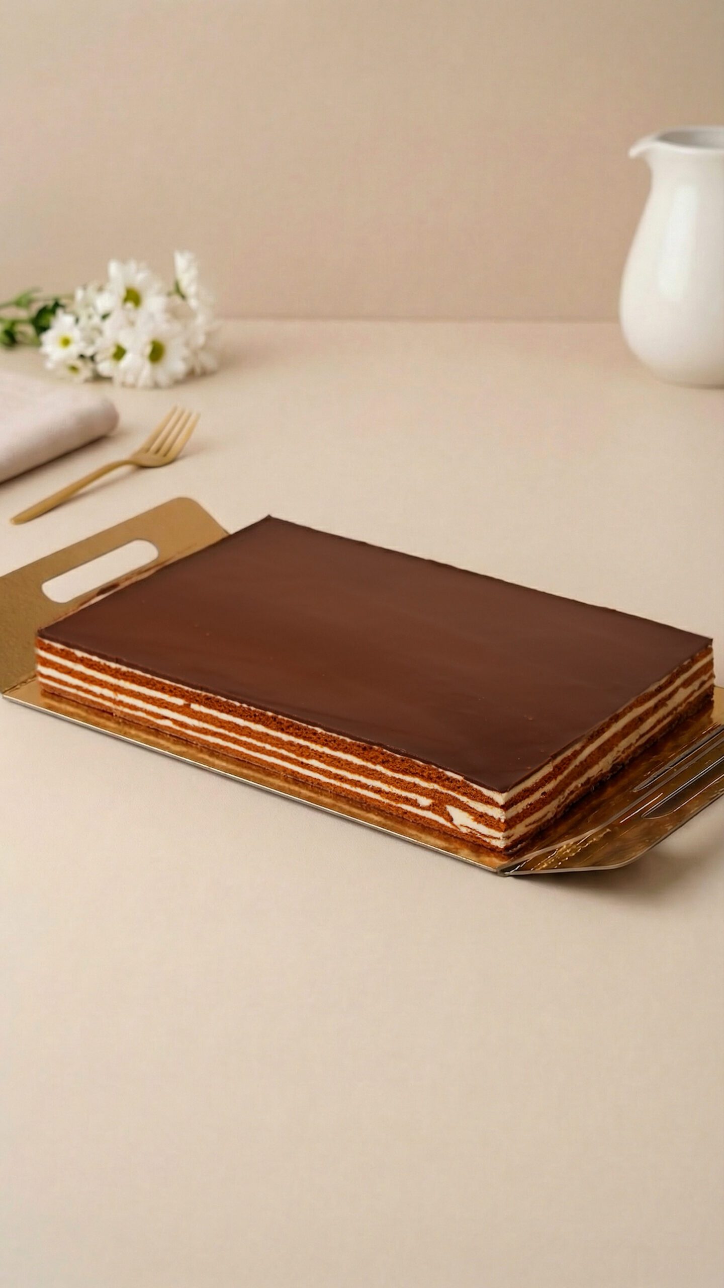 Birds milk cake. Flat rectangular cake with a smooth dark brown top and many thin alternating pale and brown layers.
