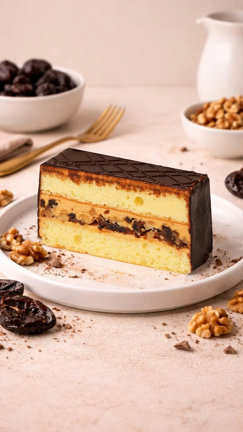 Plum nut slice. Rectangular golden cake slice coated with dark brown glaze, with two pale filling bands and dark pieces visible inside.