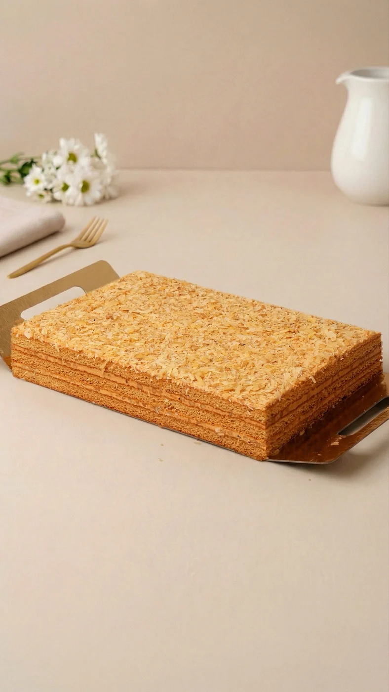 Ideal cake. Rectangular golden cake with a fine crumb-like topping and several thin horizontal layers visible along its sides.