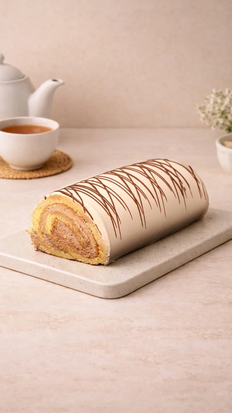 Chocolate roulette. Rolled cake with white coating and thin brown drizzle lines, showing a brown-centered spiral at the cut end.