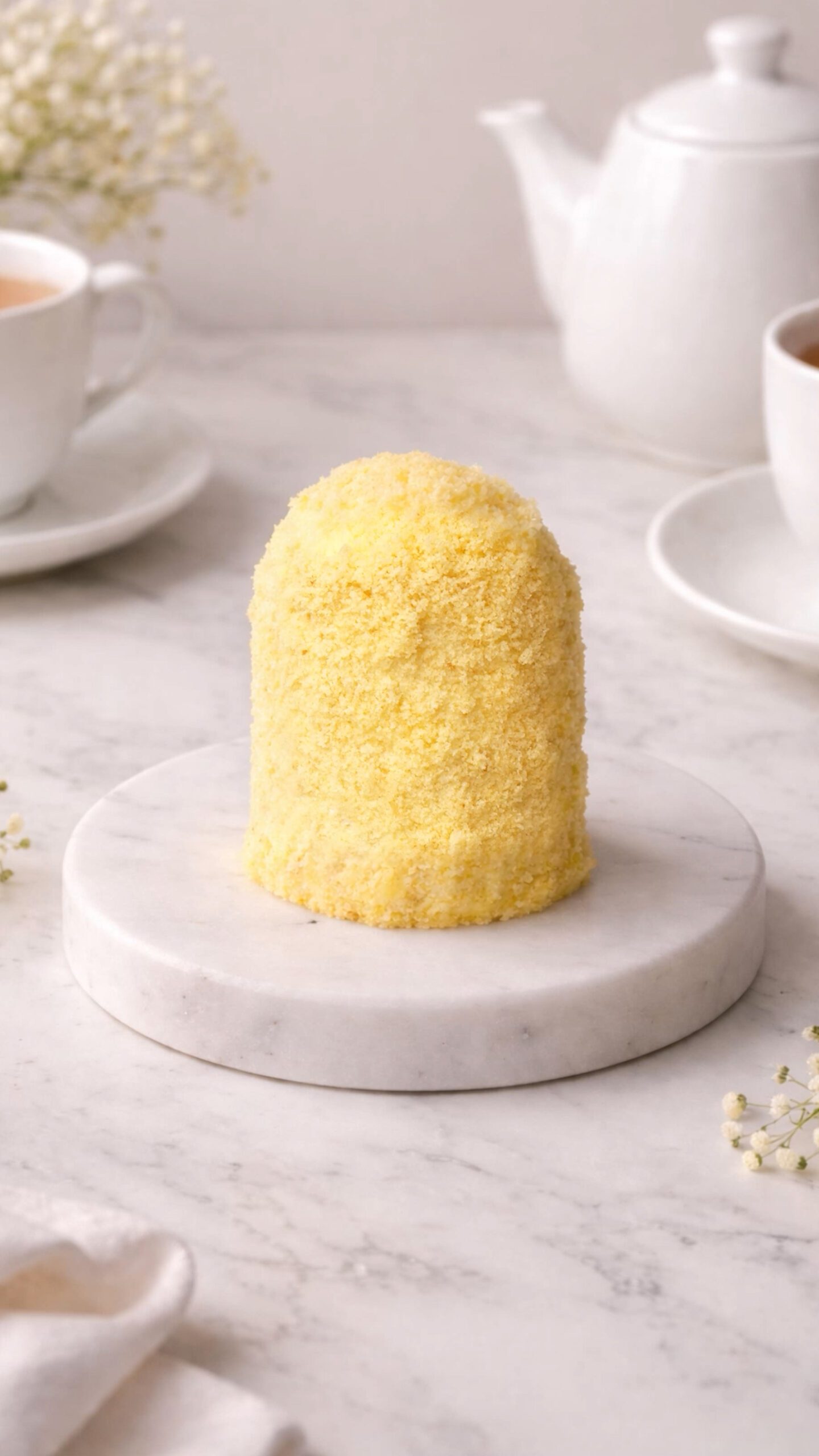 Yojik vanilla. Small tall dome-shaped pale yellow dessert with a fine textured coating, standing upright on a white plate.