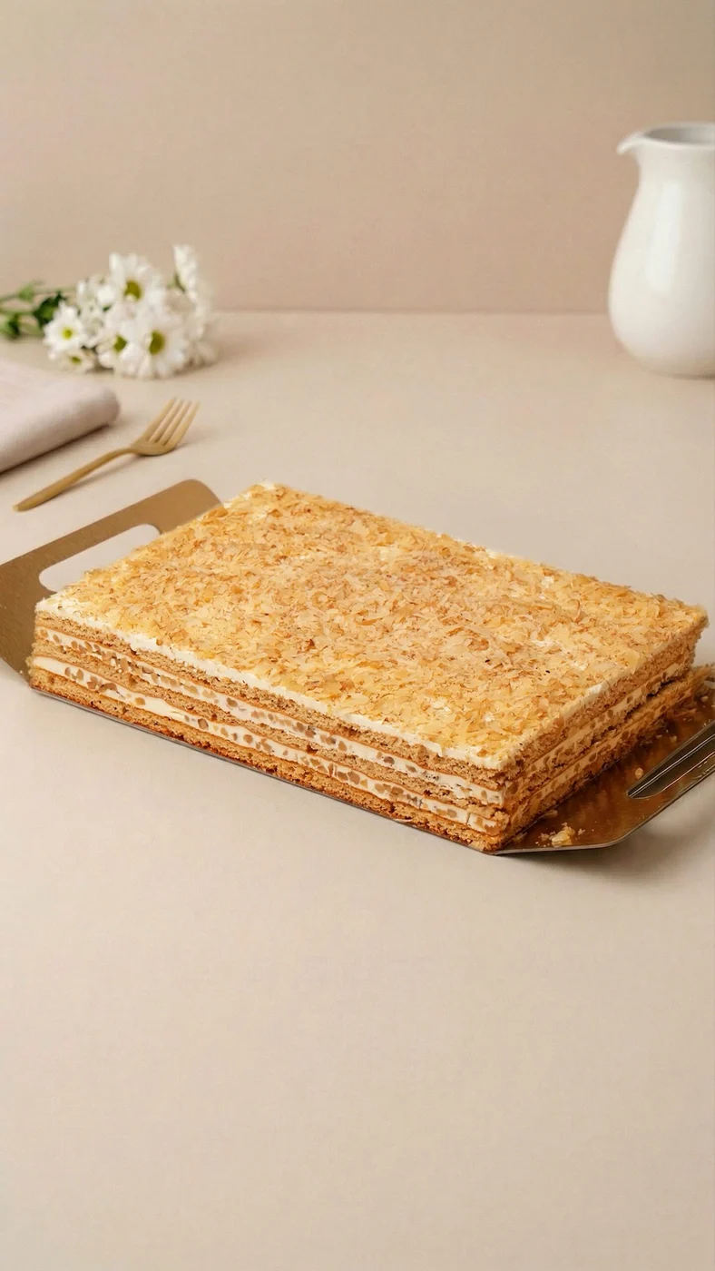 Kutuzov cake. Rectangular layered cake with exposed alternating pale and golden layers and a fine golden crumb-like topping.
