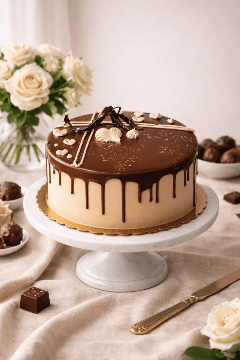 Chocolate cake. Round pale tan cake with dark brown drips, white piped swirls, and thin dark decorative shards on top.