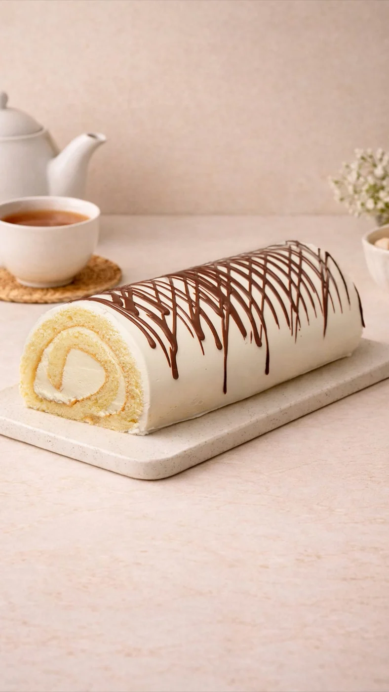 Vanilla roulette. Pale rolled cake coated in white, crossed with thin brown drizzle lines, with a pale spiral visible at the cut end.