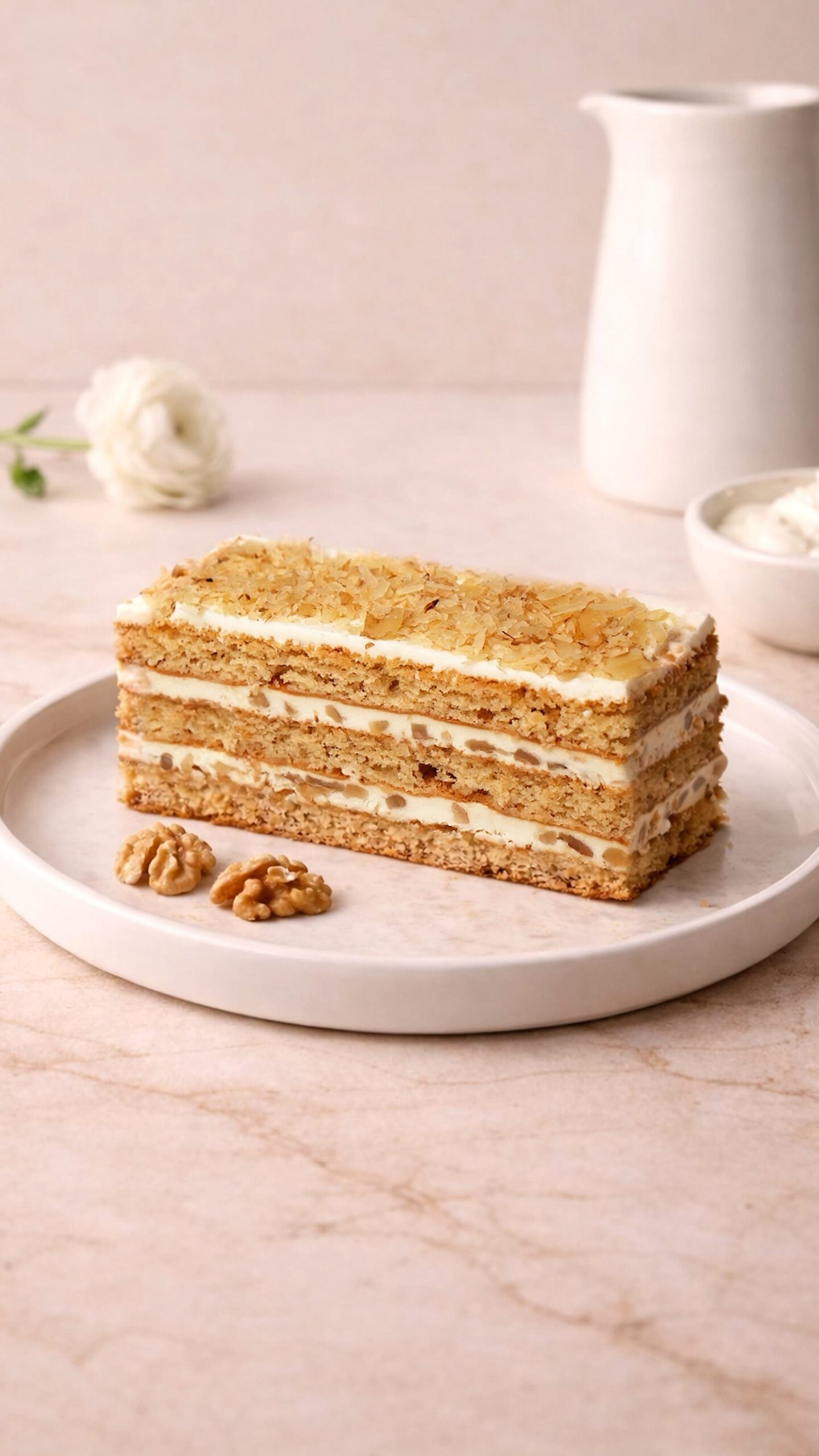 Kutuzov slice. Rectangular cake slice with several speckled golden layers, thin pale filling bands, and a fine crumb-like topping.