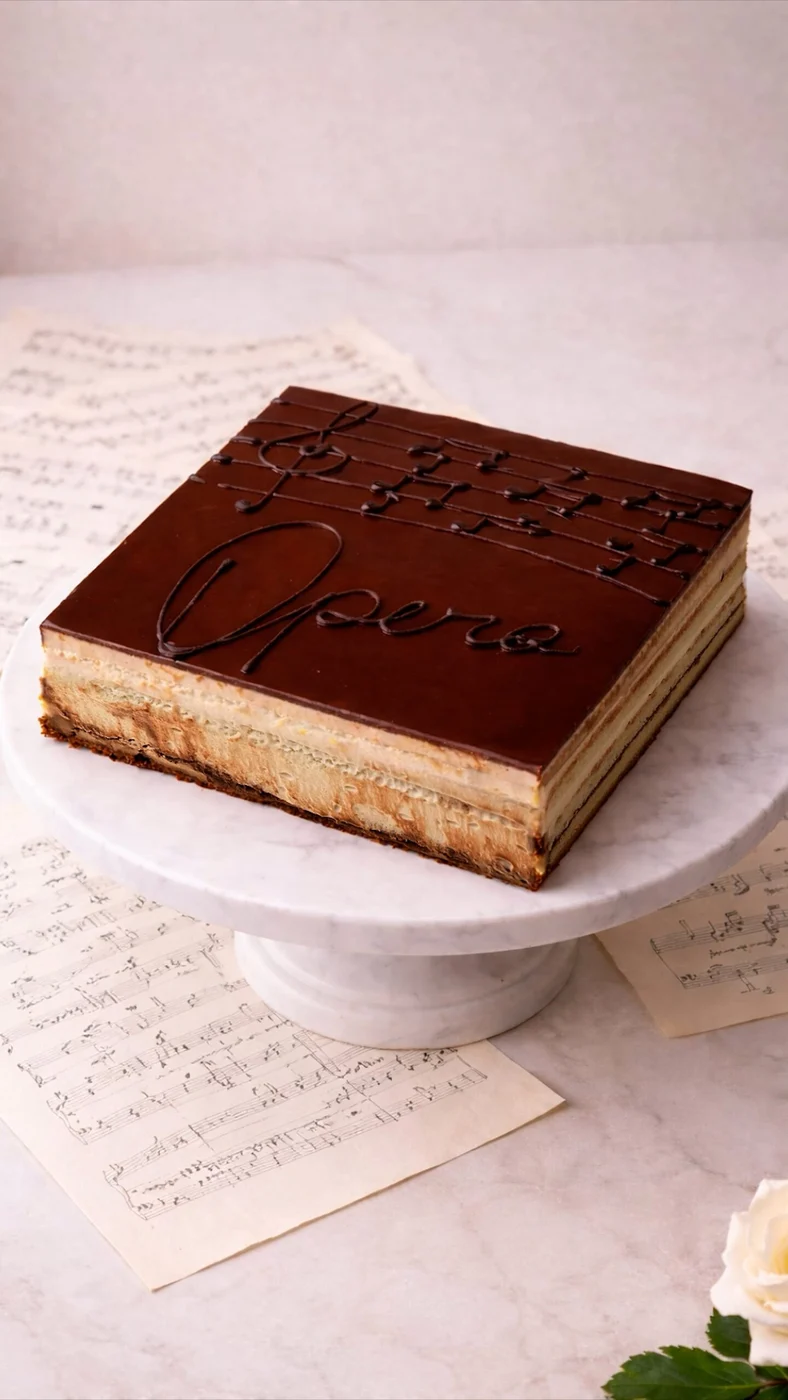 Opera cake. Square layered cake with a glossy brown top, dark cursive decoration, and exposed pale and brown layers around the sides.