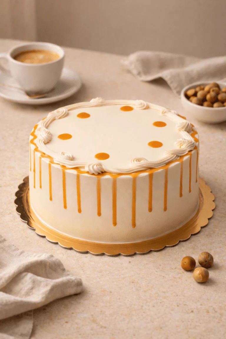 Caramel Hazelnut cake. Round pale cake with golden drips, golden dots around the top, and small pale piped swirls.