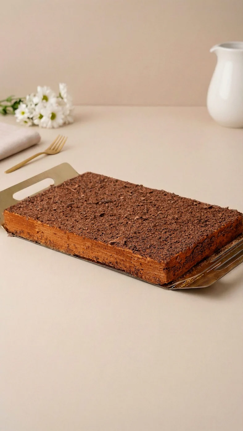 Mikado cake. Rectangular brown layered cake with a finely textured dark topping and thin layers visible along the sides.