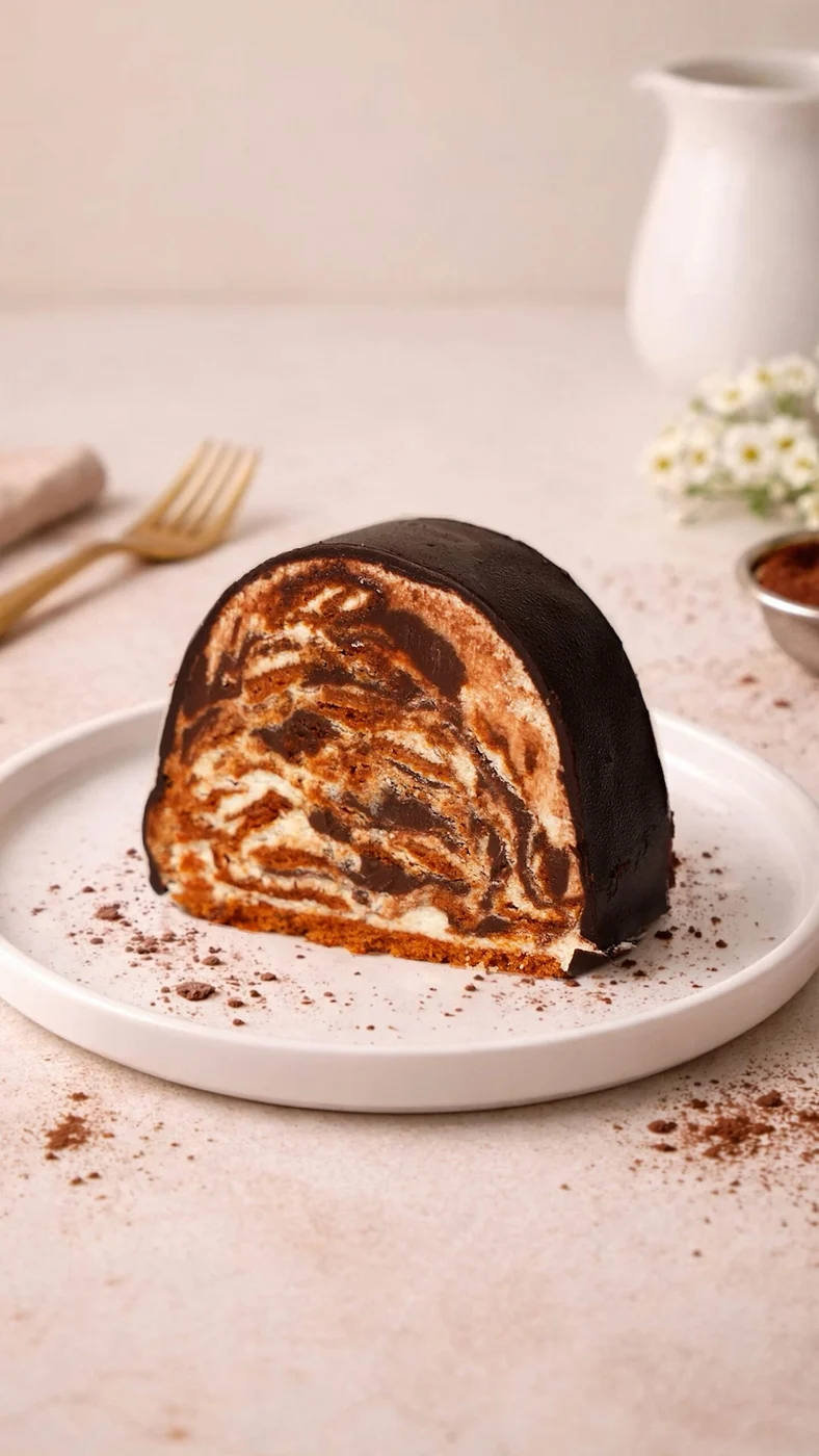 Birds milk roll. Thick rounded slice of rolled cake with a dark coating and a swirling brown-and-white pattern inside.