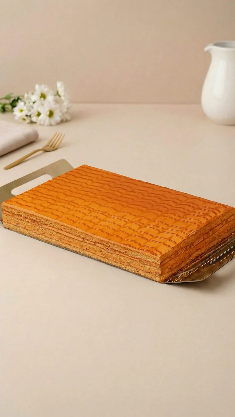 Nuga cake. Rectangular golden layered cake with a finely patterned top and many thin alternating layers visible along the edges.