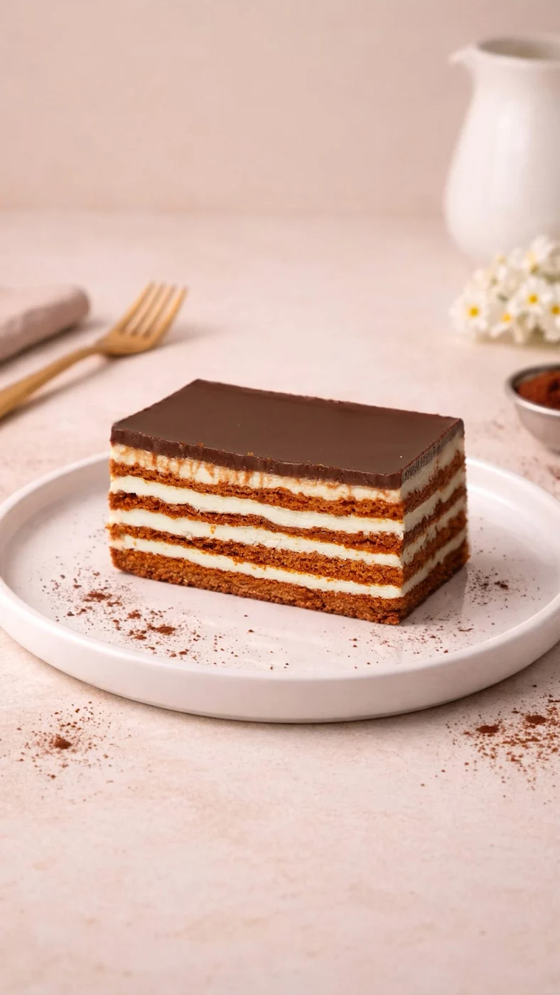 Birds milk slice. Rectangular cake slice with alternating dark brown and white layers beneath a smooth glossy dark top.