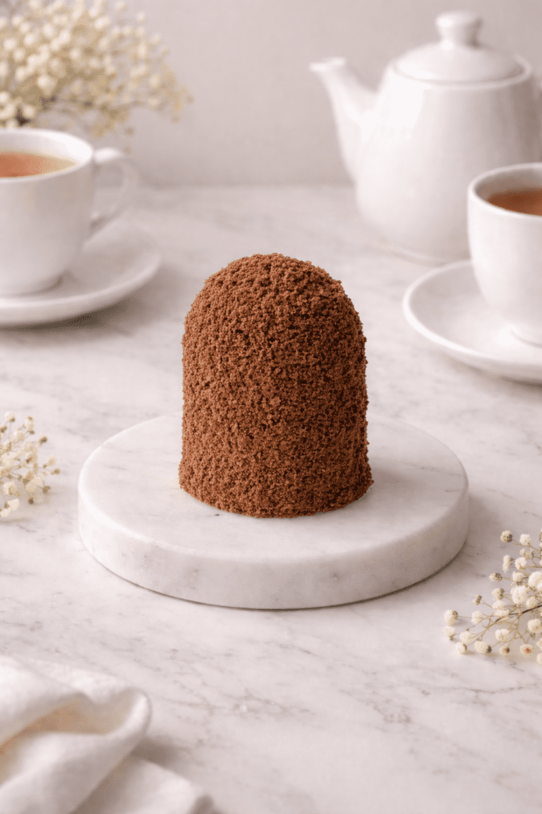Yojik chocolate. Small tall dome-shaped dark brown dessert with a fine textured coating, standing upright on a white plate.