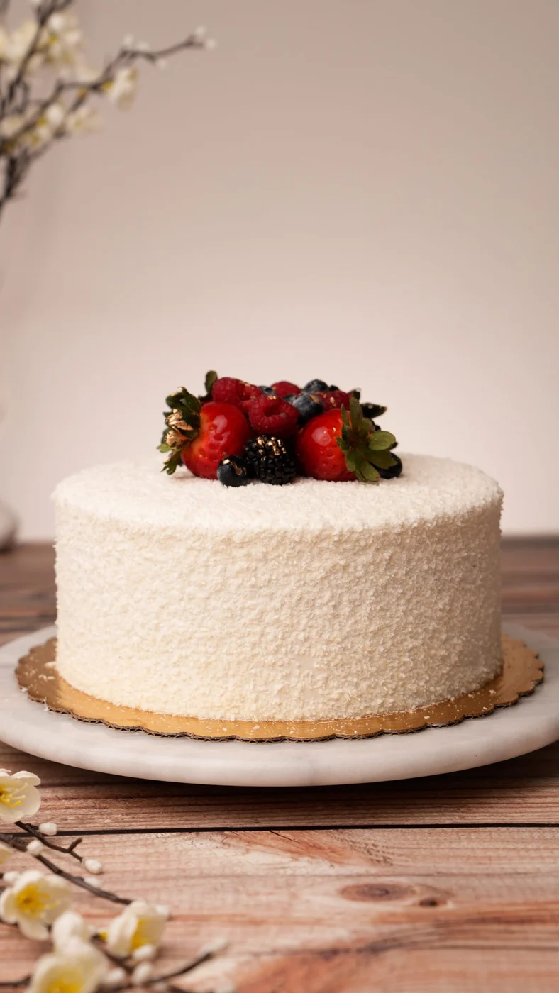 Coconut cake. Tall round white cake with a finely textured coating and a small cluster of red and dark berries on top.