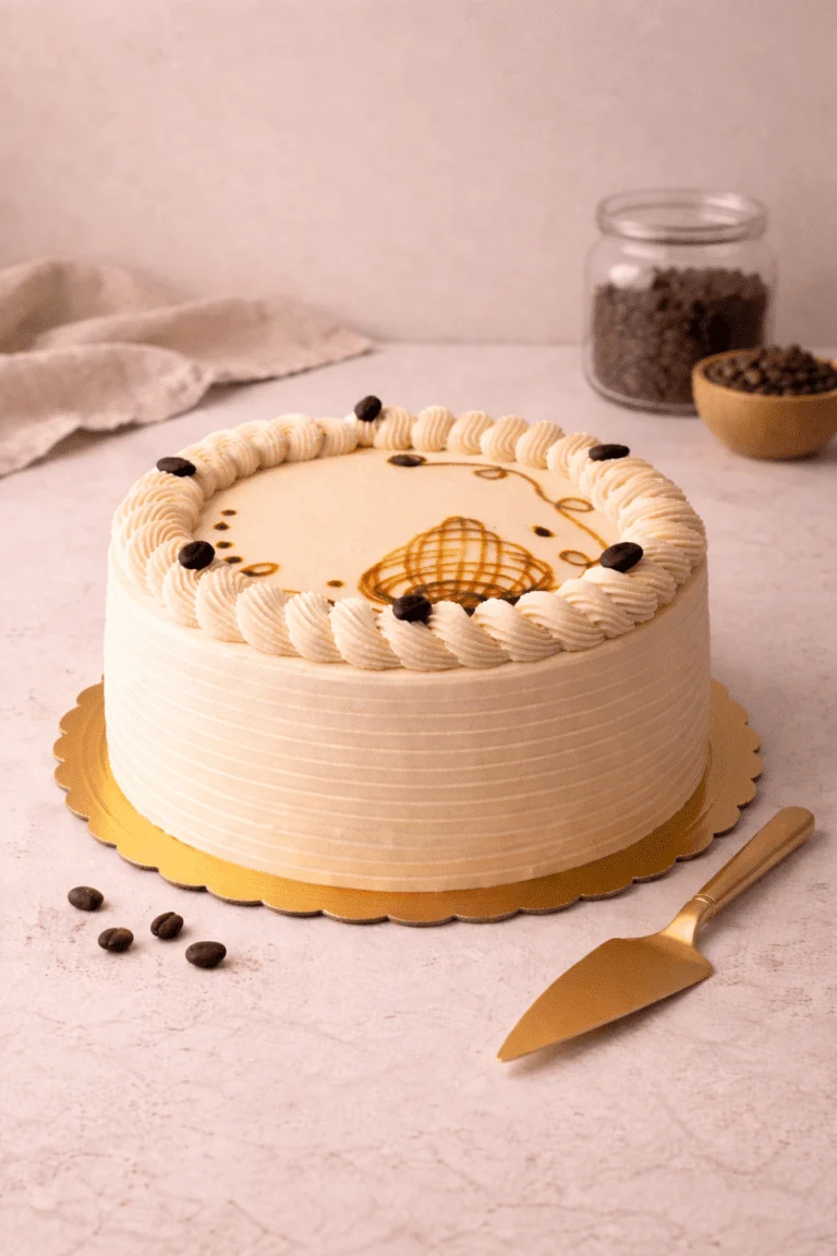 Mocca cake. Pale tan round cake with fine horizontal ridges, a piped top border, dark dots, and a patterned round decoration.